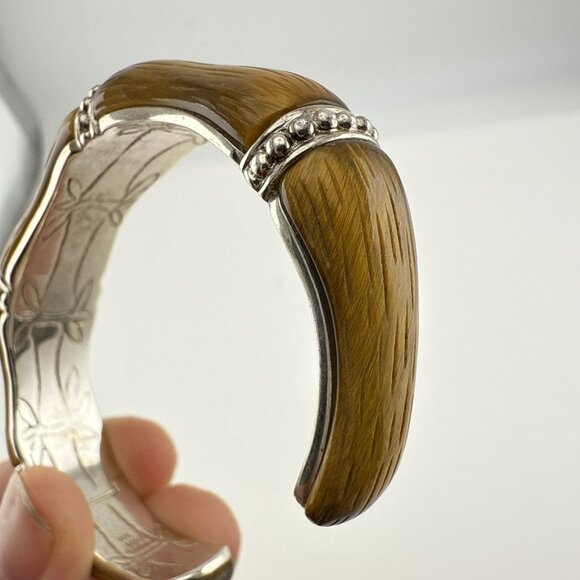 Whitney Kelly Bracelet Cuff Tigers Eye Bamboo Hinged Sterling Silver 54g QVC - Picture 13 of 13